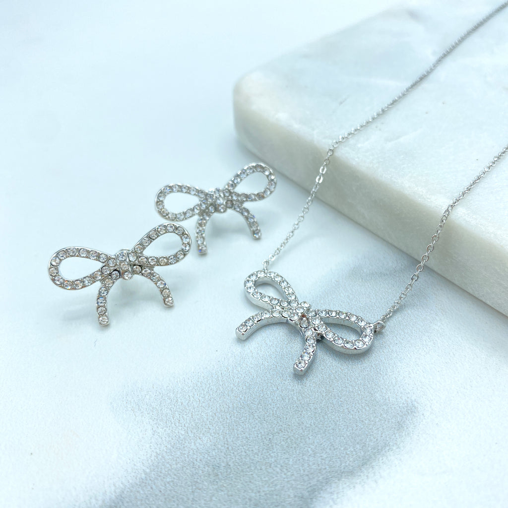 Silver Filled Ribbon Bow Stud Earrings or Necklace featuring Clear Cubic Zirconia Set