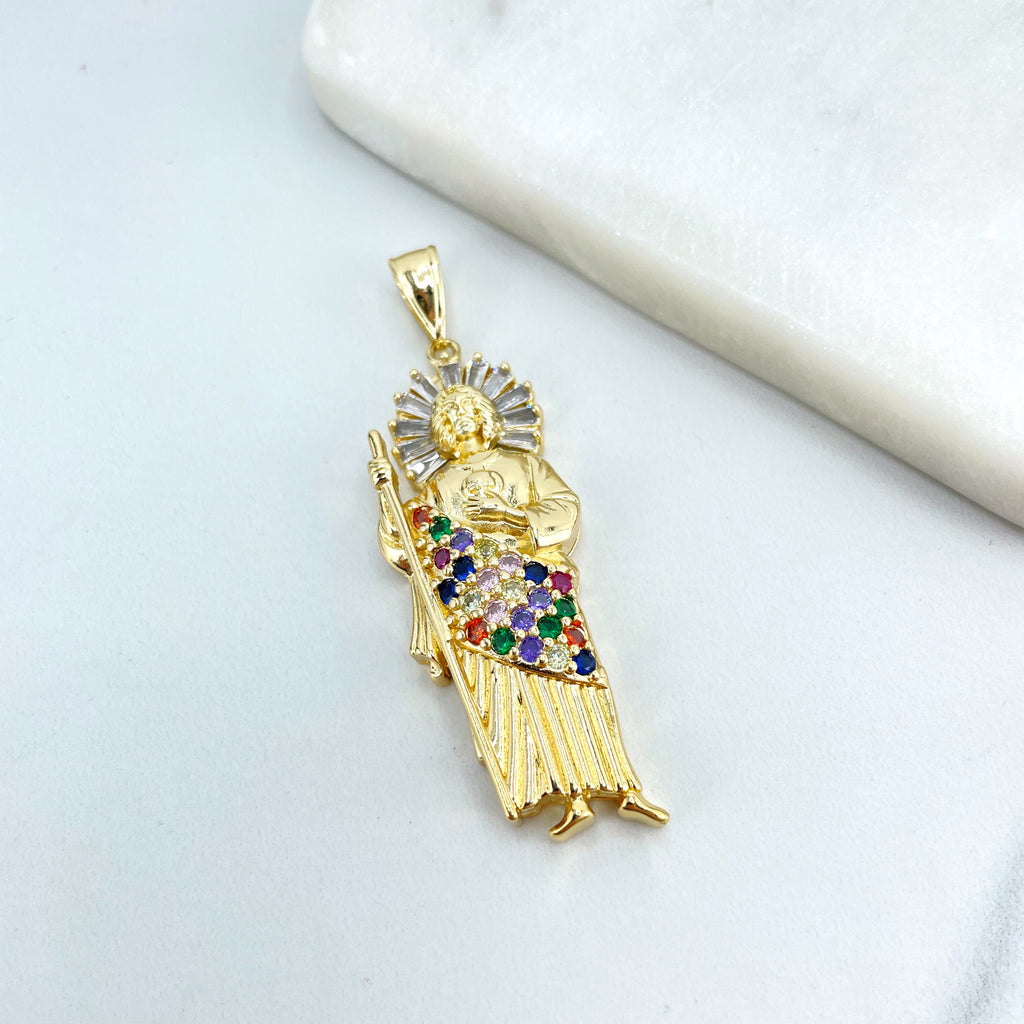 18k Gold Filled Religious Pendant Clear Baguette & Multicolor Micro CZ Saint Jude