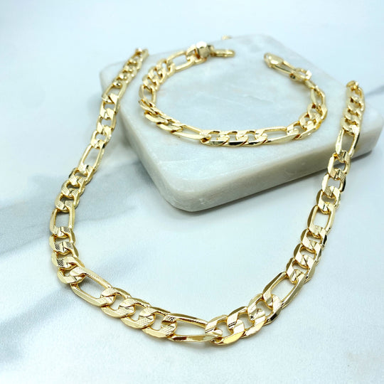 18k Gold Filled 9mm Figaro Chain with Diamond Cut Style, Necklace, Bracelet or Anklet, Chunky Figaro Chain Set