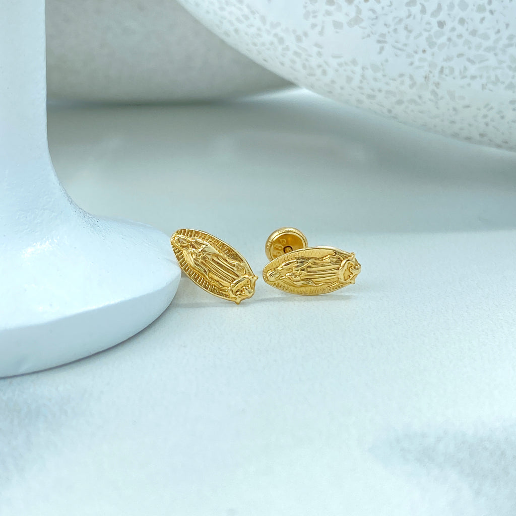 14k Solid Gold Our Lady Of Guadalupe Shape Stud Earrings, 14k Solid Yellow Gold Virgen de Guadalupe Stud Earrings