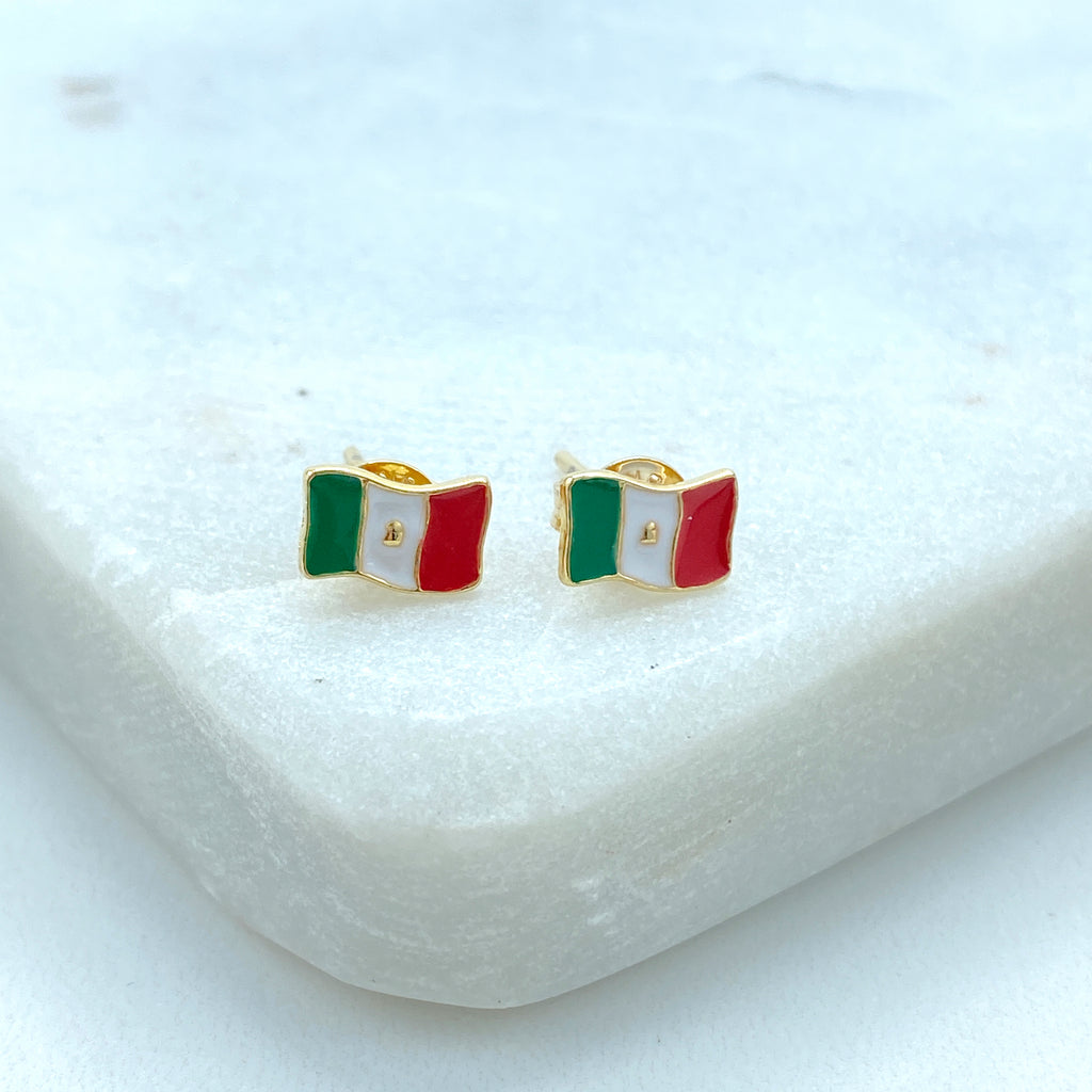 18K Gold Filled Mexican Flag Stud Earrings, Stud Earrings Mexican Flag Enamel Colorful, Patriot Earrings