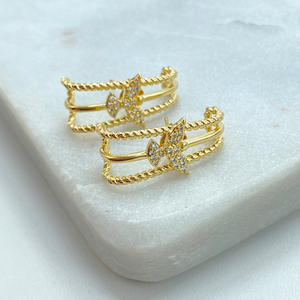 18k Gold Field Twisted Lines with Dove featuring Micro CZ Earrings, Bird Stud Earrings