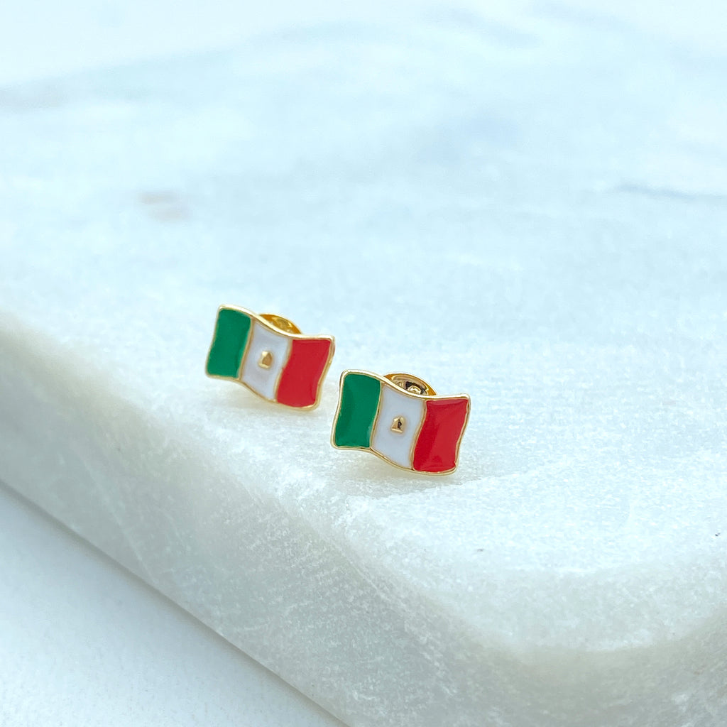 18K Gold Filled Mexican Flag Stud Earrings, Stud Earrings Mexican Flag Enamel Colorful, Patriot Earrings