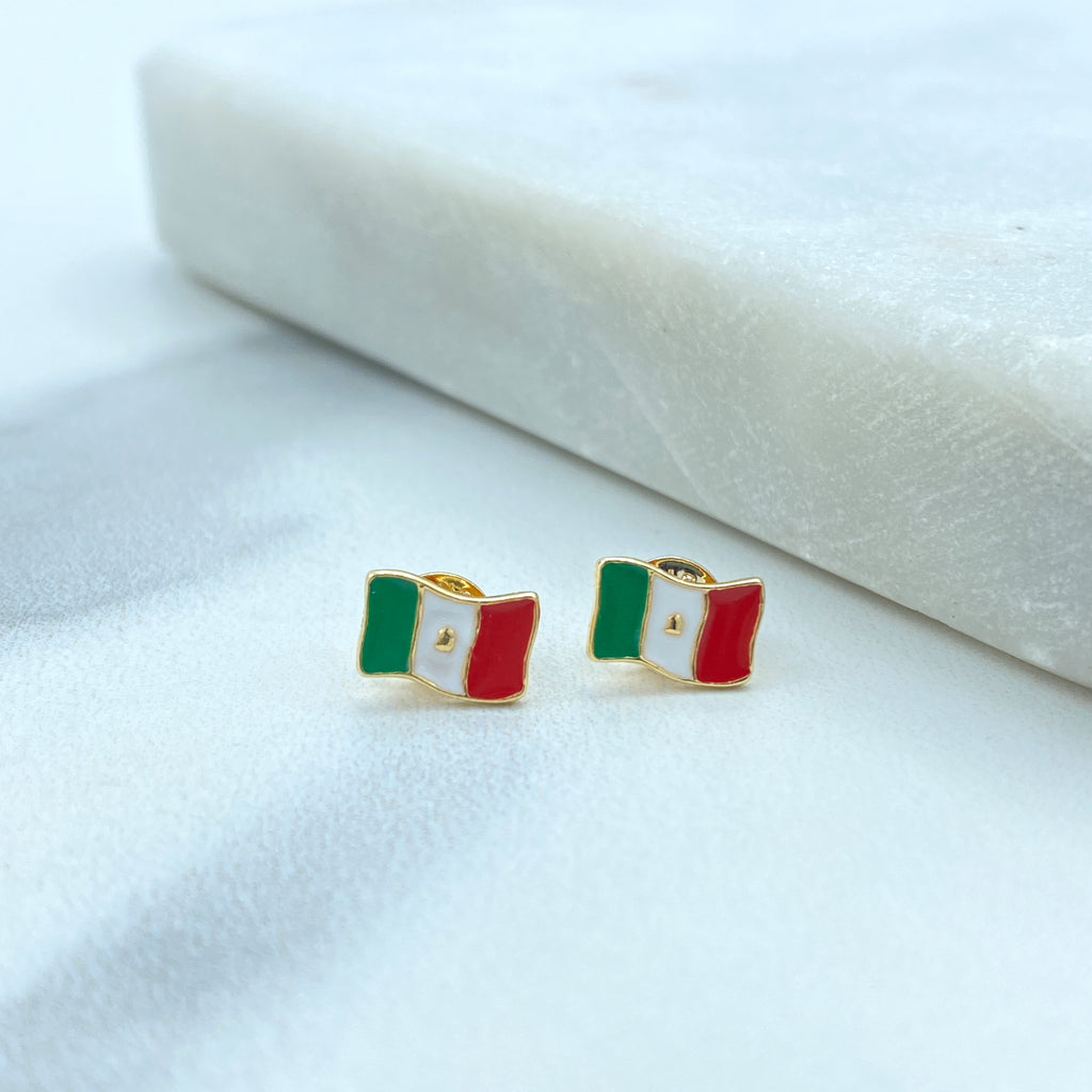 18K Gold Filled Mexican Flag Stud Earrings, Stud Earrings Mexican Flag Enamel Colorful, Patriot Earrings