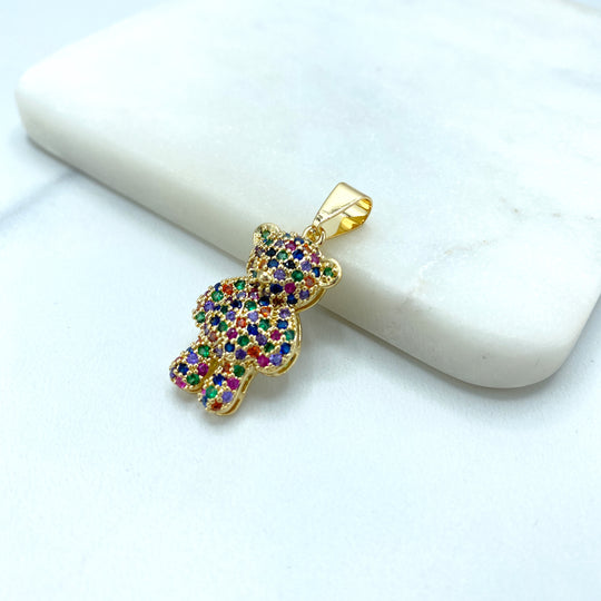 18k Gold Filled Multi Color Rainbow Cubic Zirconia Teddy Bear Pedant