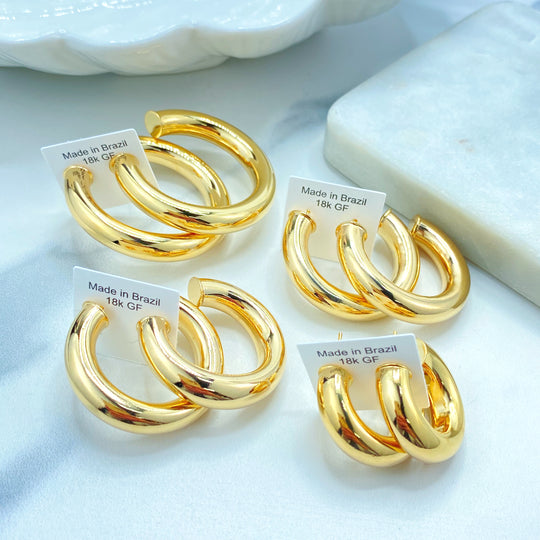 118k Gold Filled Classic Donut Tubular C-Hoop Earrings, Polished Statement Hoops, Wholesale Jewelry