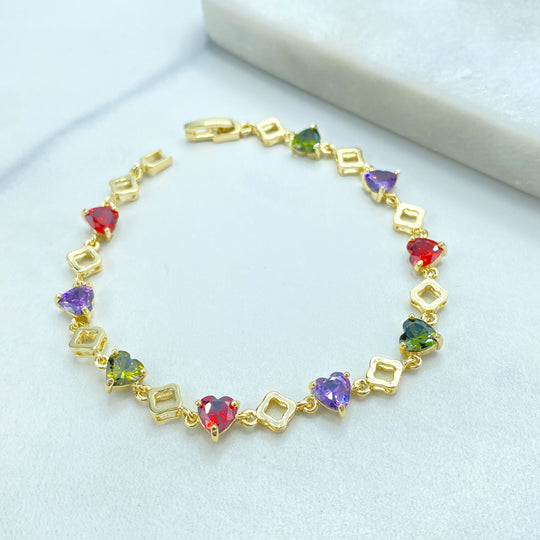 18k Gold Filled Bracelet, Multicolor CZ Heart and Clover Link Design, Linked CZ Bracelet Dainty Romantic Jewelry
