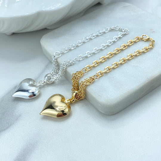 18k Gold Filled or Silver Filled Bracelet with Paperclip Chain and Bundle Paperclip Chains with Puffed 3D Hearts Charm