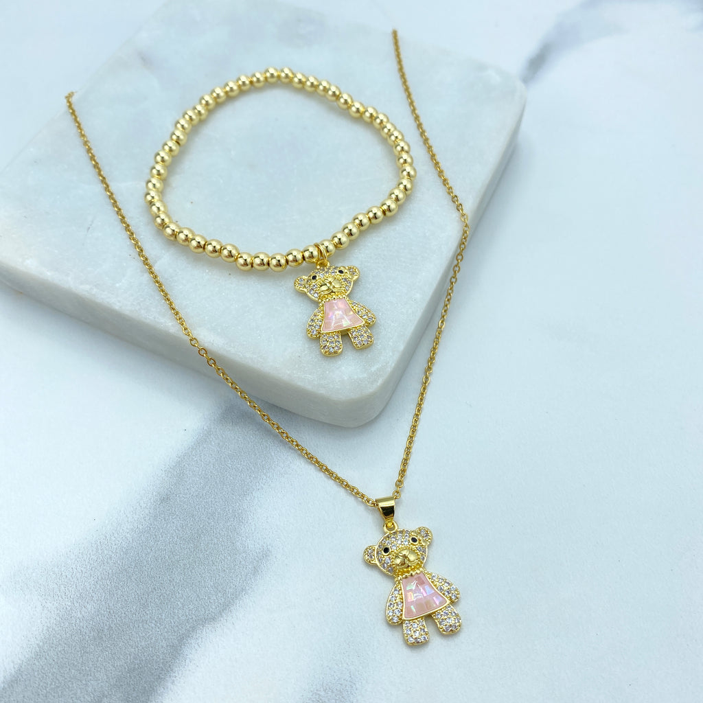 Stainless Steel Cute Teddy Bear Charm Featuring CZ Necklace or Beaded Bracelet