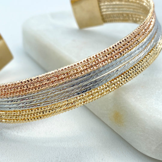 18k Gold Filled Diamond-Cut Cuff Bracelet in Tri Tone, Stackable Simulated Bracelet, 15mm "Stackable" Cuff Bracelet, Tri-Tone Cuff Bangle