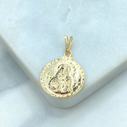 18k Gold Filled Clear Cubic Zirconia Santa Barbara, Saint Barbara Medallion Pendant, Round Religious Charm for Women