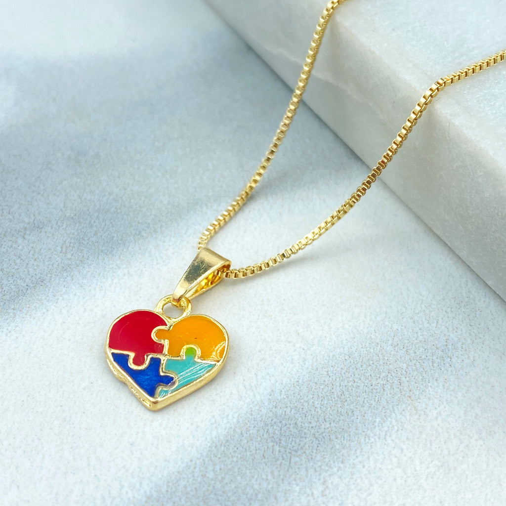 18k Gold Filled Jewelry Set Autism Awareness, Autism Colorful Heart Puzzle Necklace & Stud Earrings Set, Autism Symbol