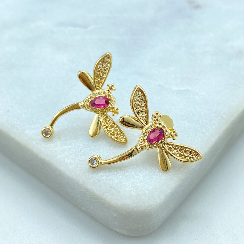 18k Gold Filled Dragon-Fly Stud Earrings, with White and Pink Cubic Zirconia, Cute Dragon-Fly Earrings