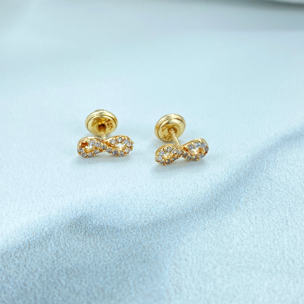 14k Solid Gold Infinity Stud Earrings featuring Cubic Zirconia, 14k Solid Gold CZ Stud