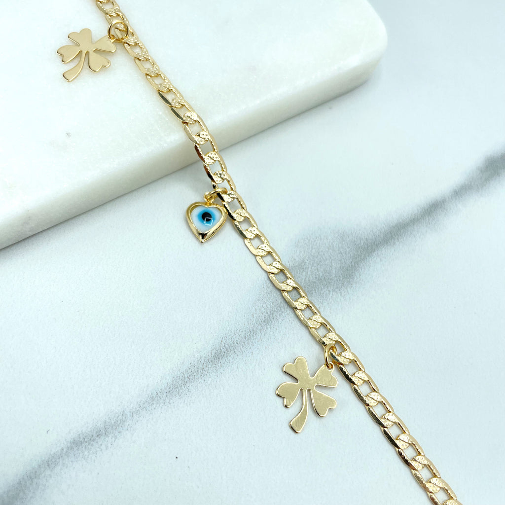 18k Gold Filled 4mm Texturized Flat Curb Link Chain with Dangle Evil Eye & Clovers Anklet