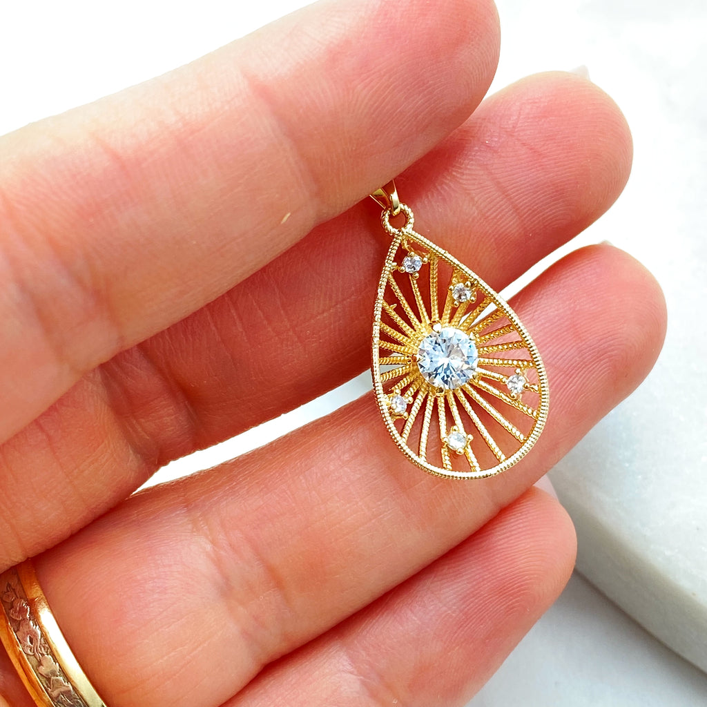 18k Gold Filled Teardrop Pendant, CZ Filigree Drop Charm, Elegant Dangle Jewelry, Sparkling Teardrop Pendant