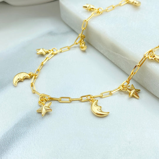 18k Gold Filled Paperclip Chain with Dangle Celestial Charms, Bracelet or Anklet, Puffed Stars & Moons Charms Bracelet, or Anklet