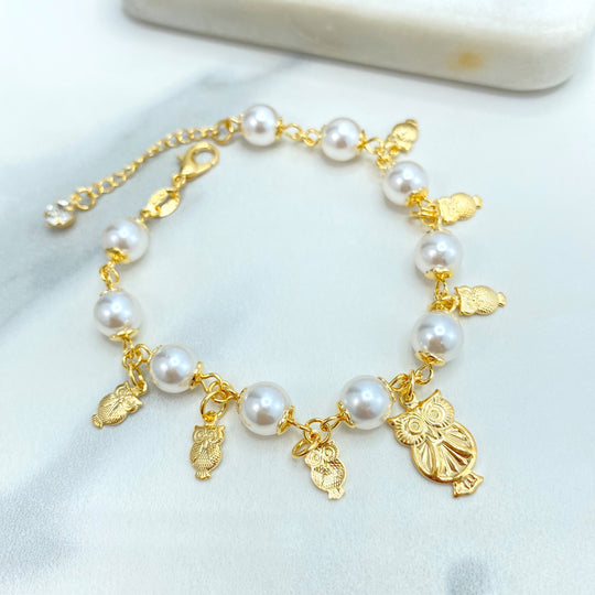 18k Gold Filled Linked Simulated Pearl with Textured Gold Owls Charms Bracelet, Linked Pearl Bracelet and Owls Charms, with Extender