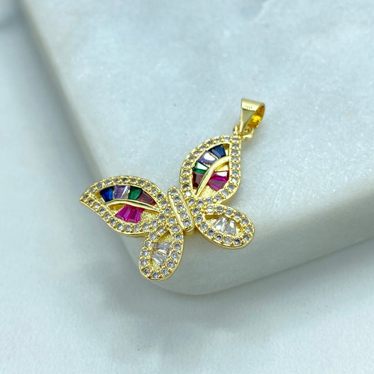 18k Gold Filled Multicolor CZ Butterfly Charm, DIY Butterfly Pendant with Side Bail Wing