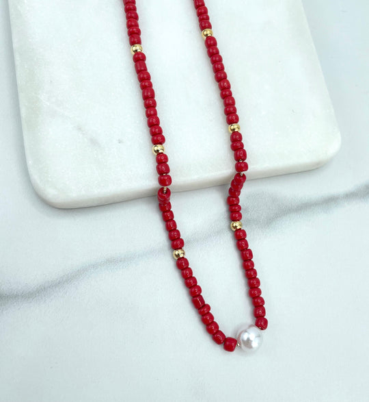 18k Gold Filled Simulated Pearl, Gold Beads & Red Beads Necklace or Bracelet Set