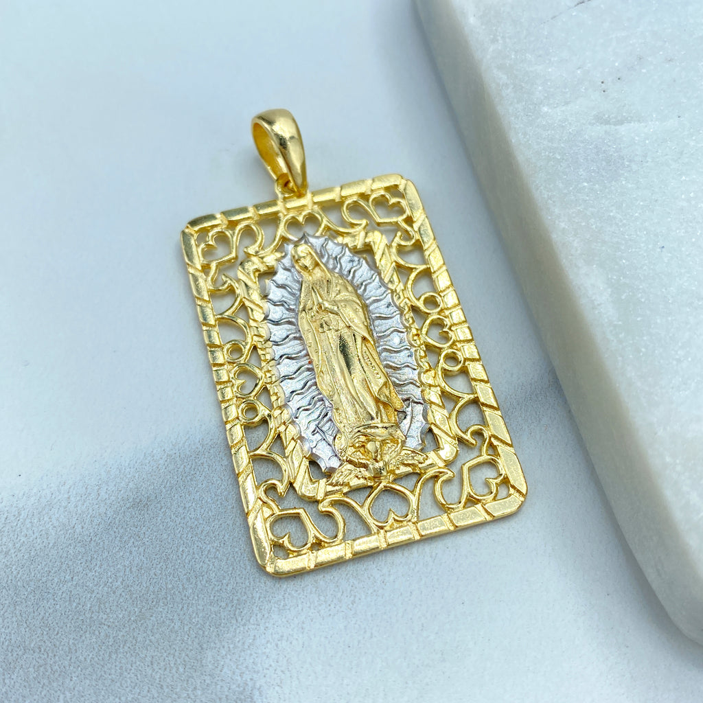 18k Gold Filled Two Tone Virgen De Guadalupe, Our Lady of Guadalupe Square Medal Pendant Charms