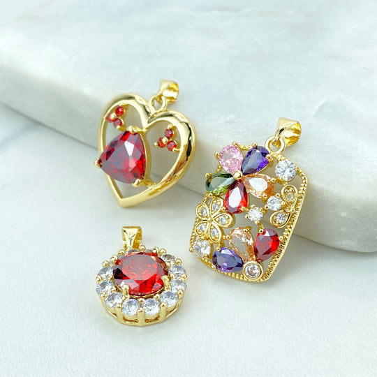 18k Gold Filled Pendants with Colorful CZ, Different Styles, Heart, Floral & Solitaire Designs, DIY Pendants