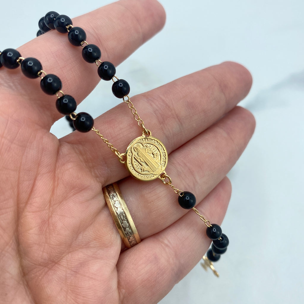 18k Gold Filled Black Beads Beaded Saint Benedict Rosary