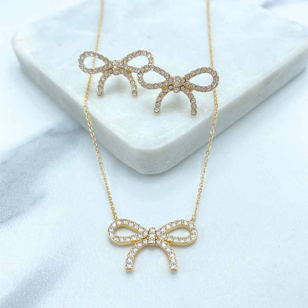 18k Gold Filled Ribbon Bow Stud Earrings or Necklace featuring Clear Cubic Zirconia Set