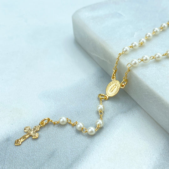 18k Gold Filled Pearls Rosary with La Milagrosa Charm, Simulated Pearls Rosary with Miraculous Virgin