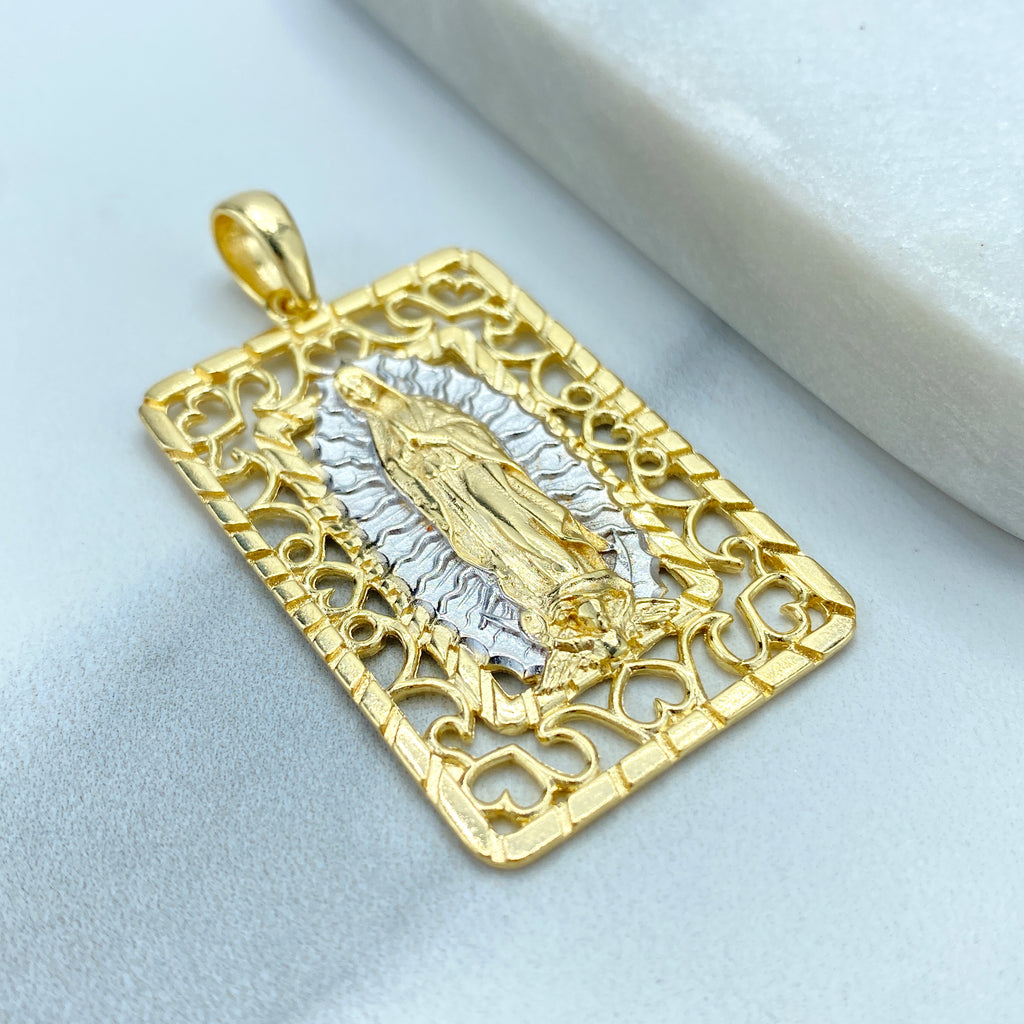 18k Gold Filled Two Tone Virgen De Guadalupe, Our Lady of Guadalupe Square Medal Pendant Charms