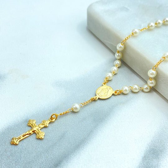 18k Gold Filled Pearls Rosary Bracelet with La Milagrosa Charm, Simulated Pearls Rosary Bracelet with Miraculous Virgin