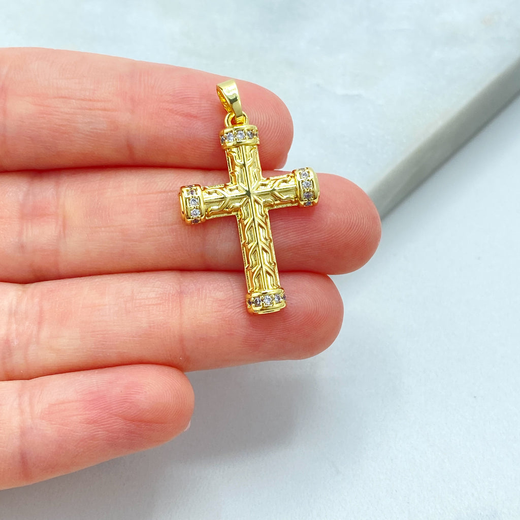18k Gold Filled Textured Cross Pendant, CZ Accent Religious Charm, Statement Faith Jewelry, CZ Cross Pendant