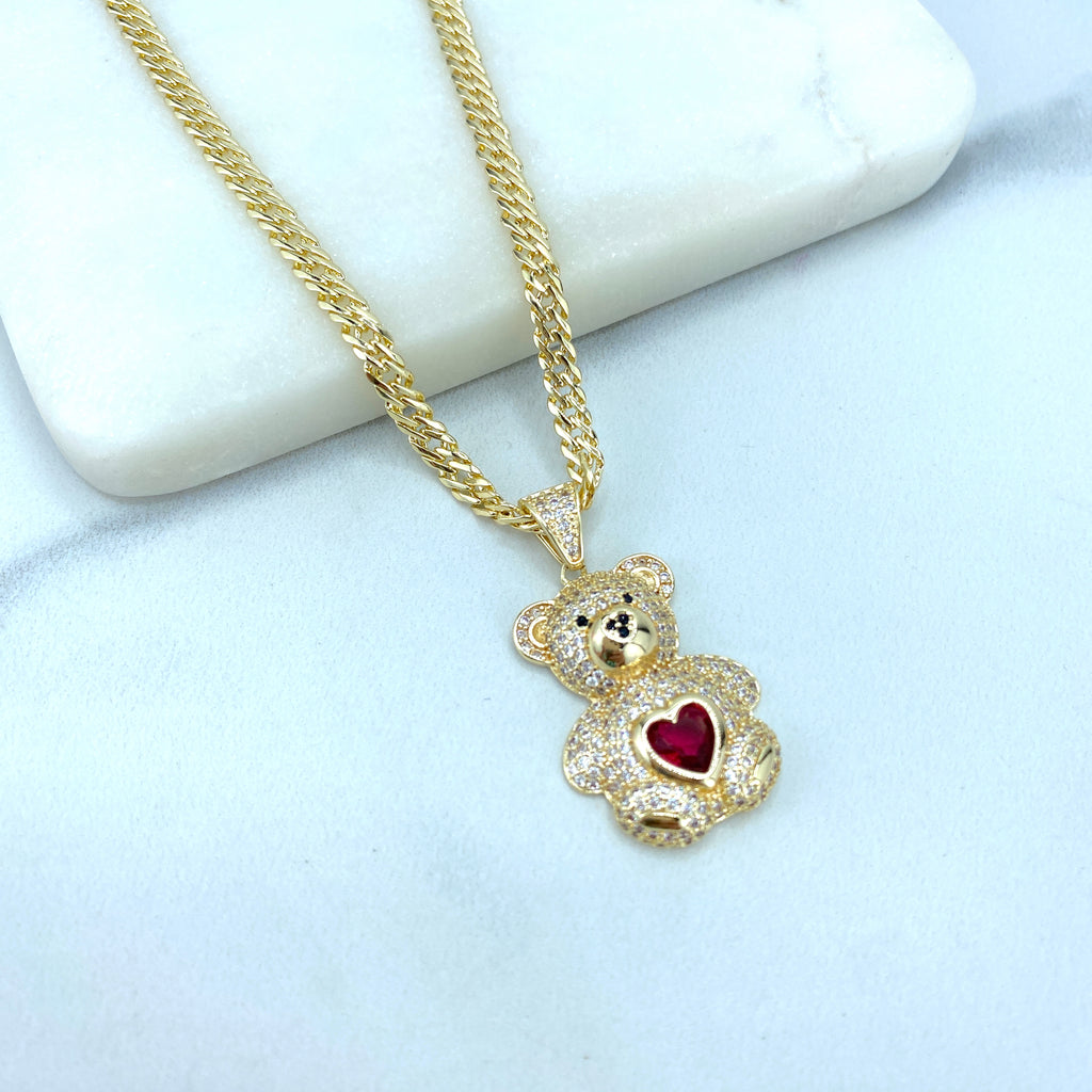 18k Gold Filled Teddy Bear Charm with Micro CZ and Colored Heart Zirconia on Center