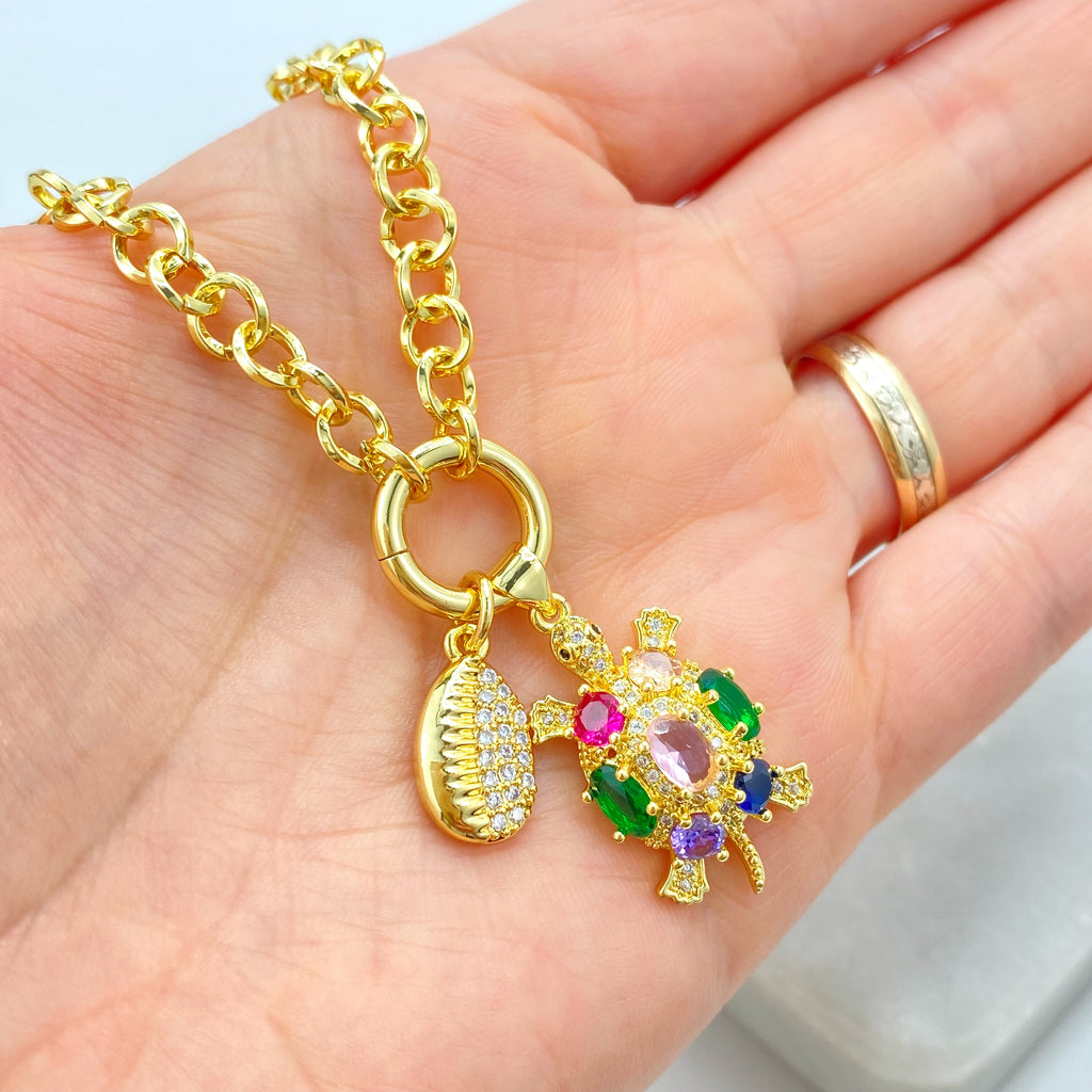 18k Gold Filled Necklace, Rolo Chain with Multicolor CZ Turtle and Clear CZ Cowry Shell Charms Necklace, 16" + Extender