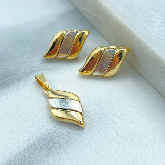 18k Gold Filled Two Tone Wings Studs Earrings and Charm Set, Leaves Shape Two Tone Set with Earrings and Charm