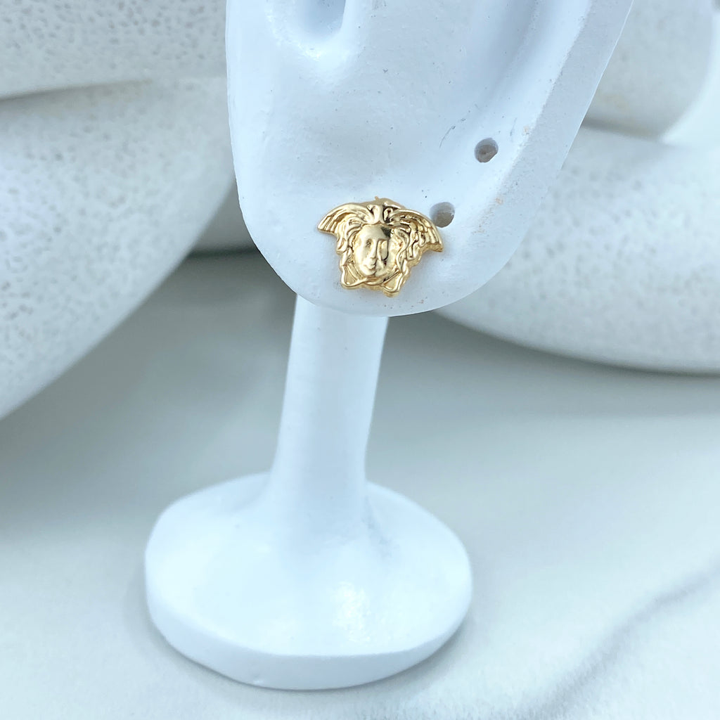 14k Solid Gold Woman Face Shape Stud Earrings, 14k Solid Gold Medusa Head Stud