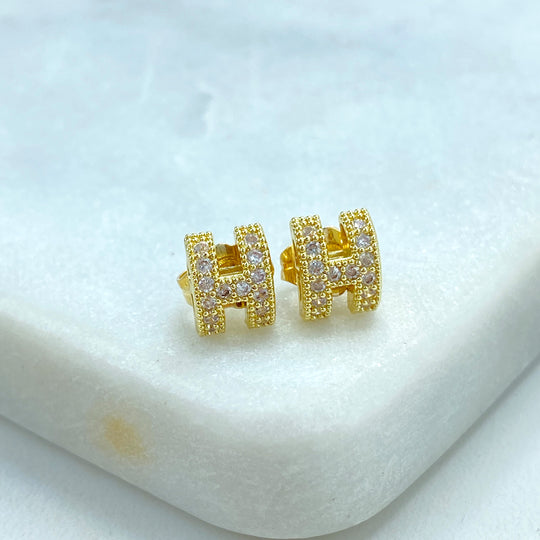 18k Gold Filled H-Shaped Stud Earrings with CZ, Minimalist H-Shaped CZ Earrings in Gold