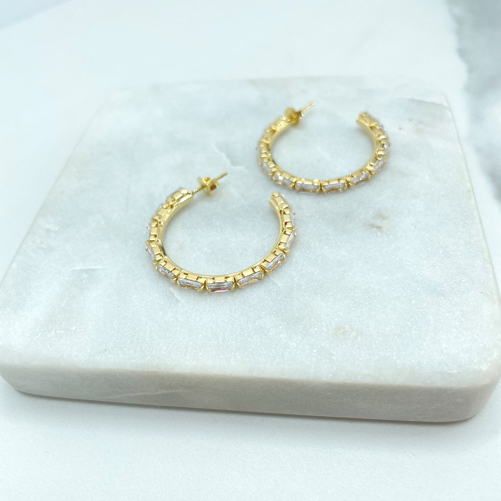 18k Gold Filled 33mm C-Hoop Earrings with Rectangular Clear Cubic Zirconia
