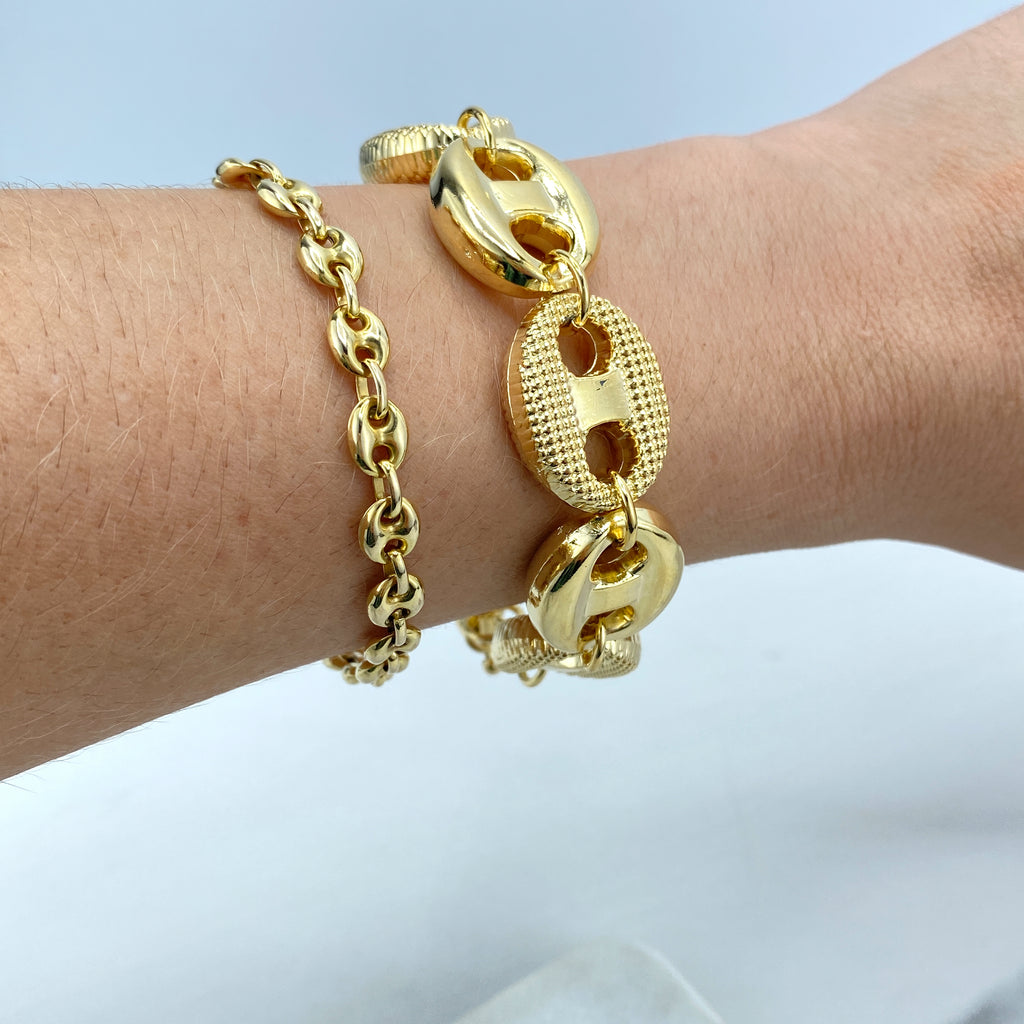 18k Gold Filled 18mm Plain and Textured Puffed Mariner Link Light and Hollow Bracelet 7.5"