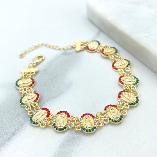 18k Gold Filled Religious Bracelet, Our Lady Of Guadalupe with Mexican CZ Color Linked Medal Bracelet