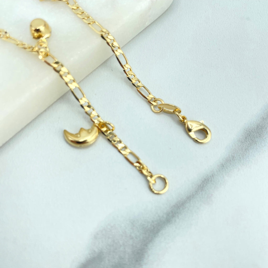 18k Gold Filled 3mm Figaro Chain with Dangle Celestial Charms Bracelet