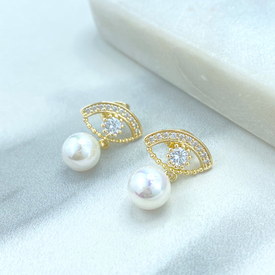 18k Gold Filled Eye of Emotions Studs, Cubic Zirconia Evil Eye Earrings with Dangle Pearl, Protection Stud Earrings