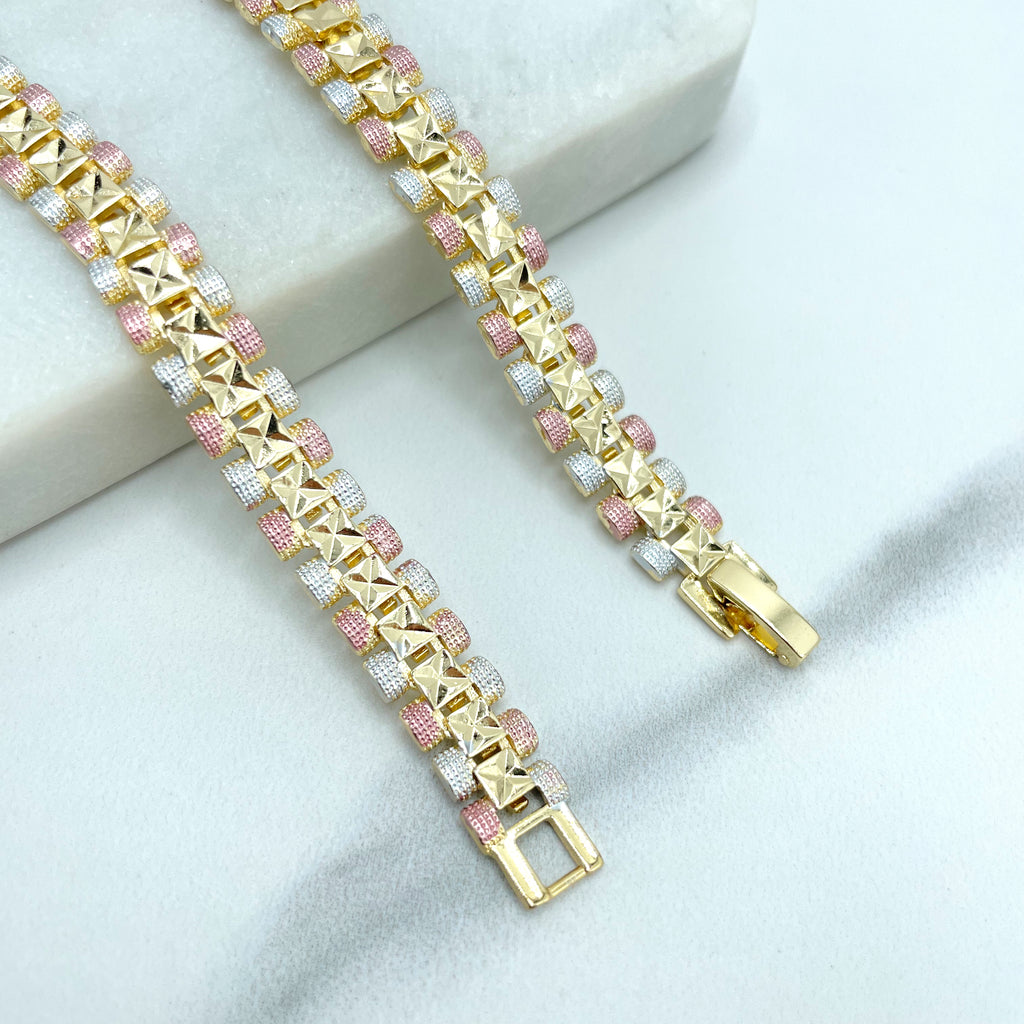 18k Gold Filled Tri-Tone Texturized Squares Linked Chain Necklace
