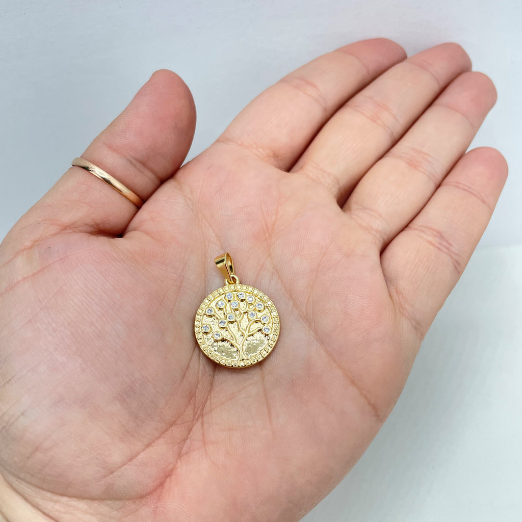 18k Gold Filled Tree of Life Medal, Medallion Pendant Clear Micro Cubic Zirconia