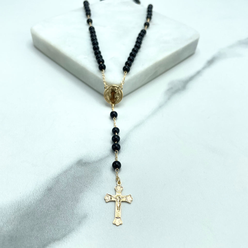 18k Gold Filled Black Beads Beaded Saint Benedict Rosary