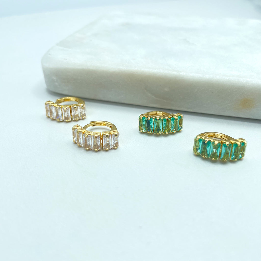 18k Gold Filled Baguette Cubic Zirconia Clear or Green Huggie Earrings, Fine Classic Jewelry