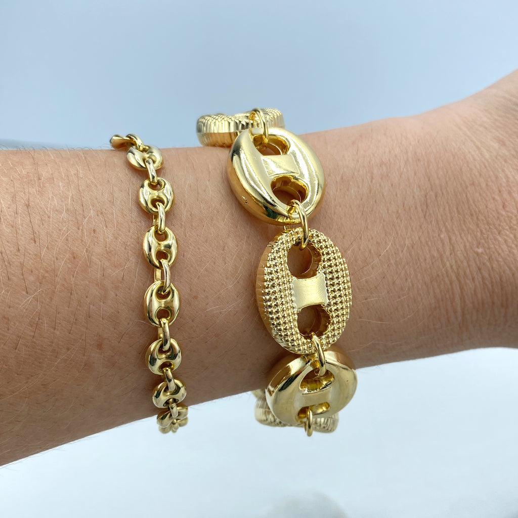 18k Gold Filled 18mm Plain and Textured Puffed Mariner Link Light and Hollow Bracelet 7.5"