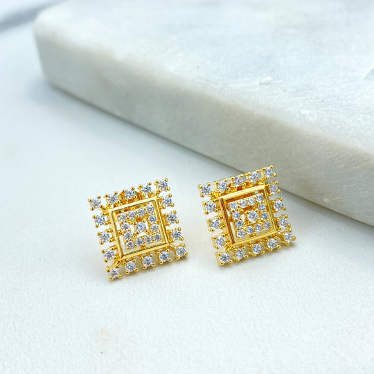 18k Gold Filled Solitaire Earring,Square Stud Earrings with CZ,Minimalist CZ Square Earrings