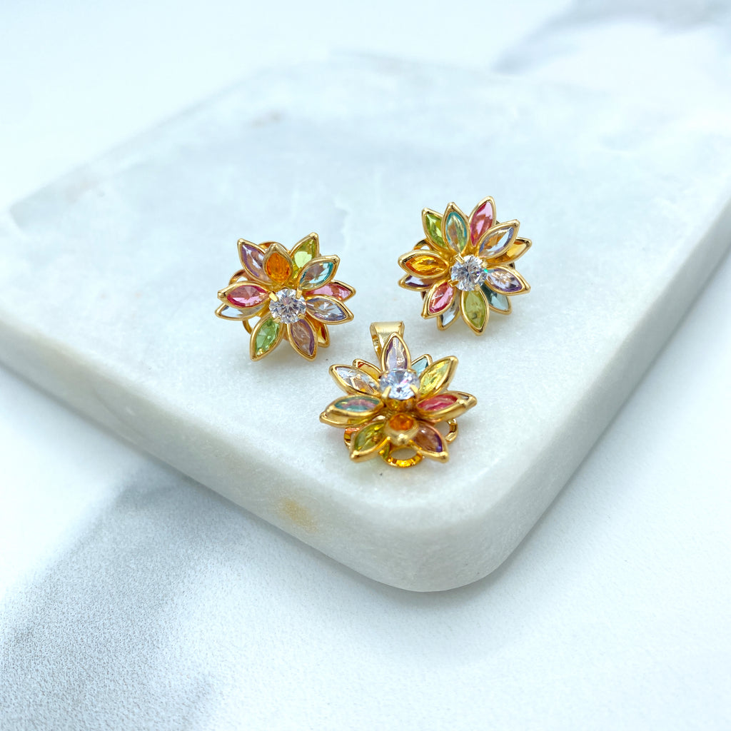 18k Gold Filled Multi Colored Crystal Flower Charm and Stud Earrings SET