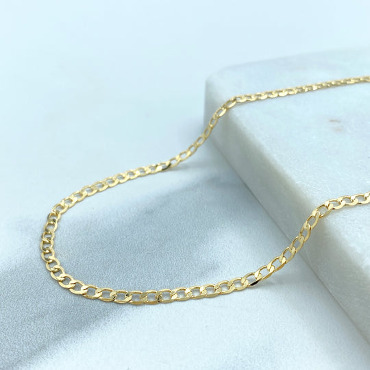 18k Gold Filled 3mm Flat Curb Link Chain, Polished 3mm Cuban Link Chain, 23.5 Inches Long, Lobster Claw